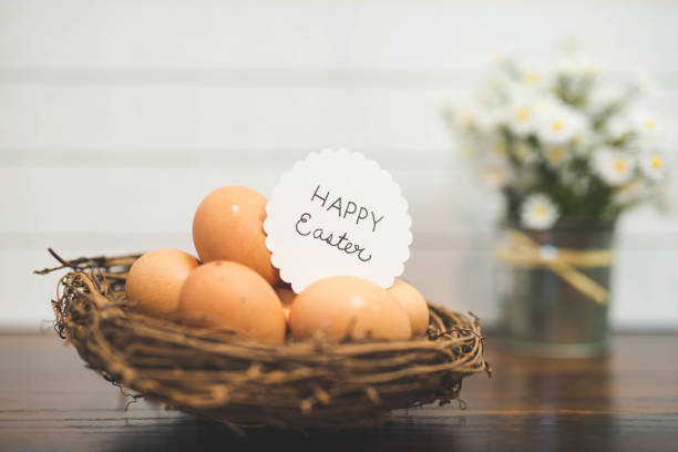 istock Handmade woven Easter basket of eggs 911607958