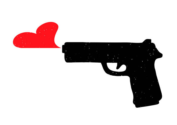 ilustraciones, imágenes clip art, dibujos animados e iconos de stock de silueta negra de una pistola negra, que produce un corazón rojo y no tira balas - war globe symbols of peace weapon