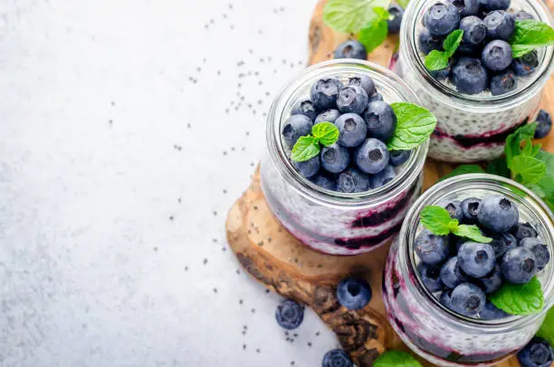 Photo of Chia pudding with blueberry, mint leaves  and jam
