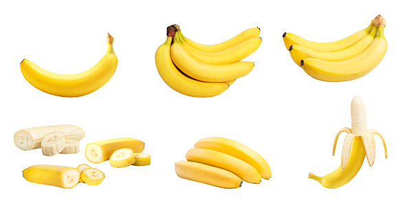 Set of bananas whole and slices isolated on white background. Clipping path included