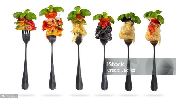 Traditional Italian Collection Of Pasta Warpped On Fork Stock Photo - Download Image Now