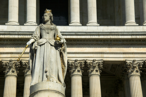 Queen Anne was the reigning monarch when St.Pauls Cathedral was finished in 1710 and her statue stands at the west front of the cathedral.
