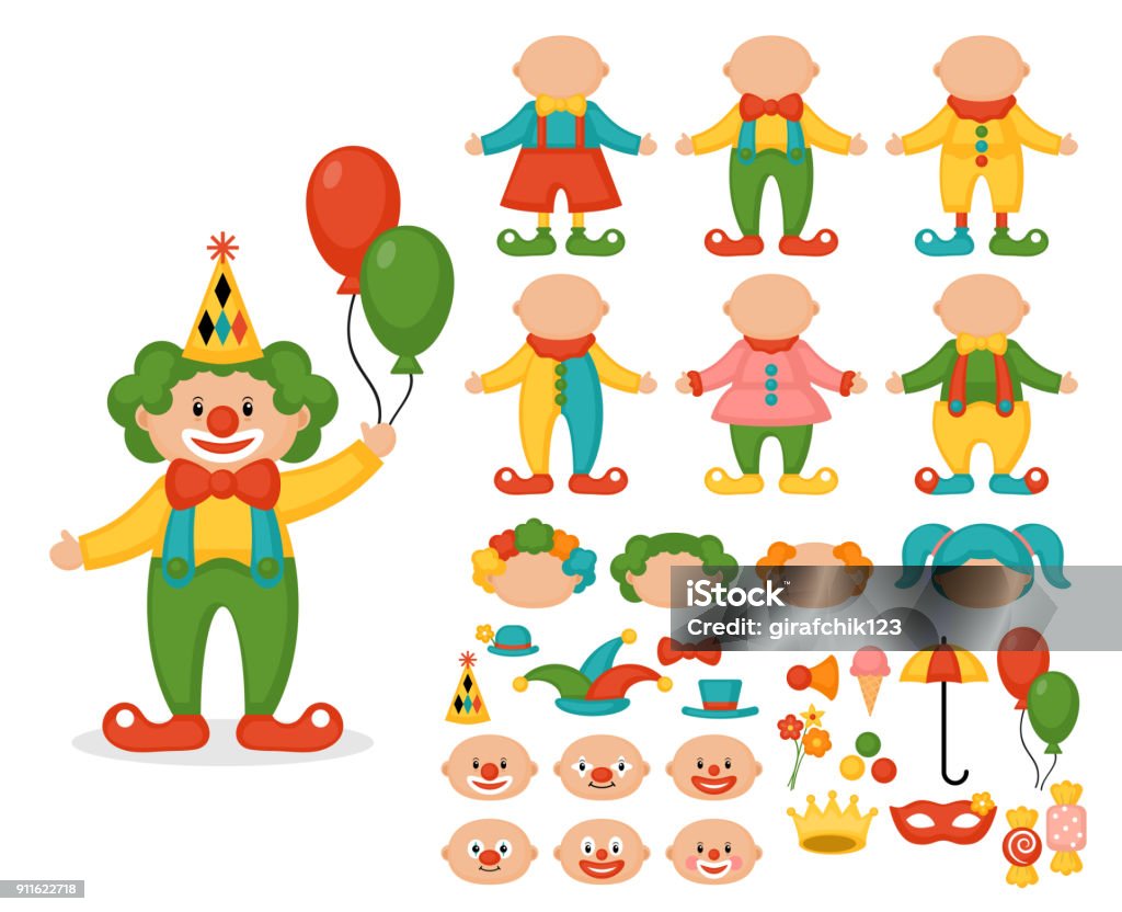 Cute Clown Character Creator Set Stock Illustration - Download Image Now -  Clown, Human Face, Cartoon - iStock