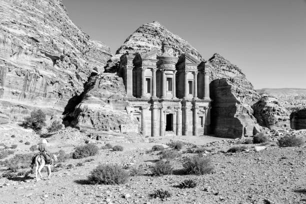 The Monastery Al Deir in Petra, Jordan (monochrome)