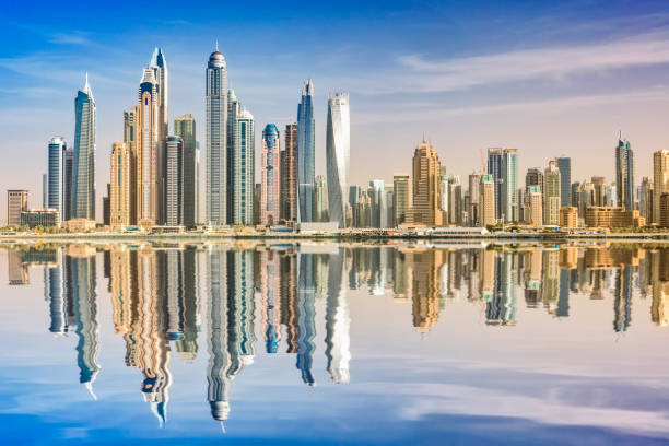 Dubai skyline reflection, Dubai Marina, United Arab Emirates Famous Place, Dubai, United Arab Emirates, Arabia, Persian Gulf Countries dubai marina panorama stock pictures, royalty-free photos & images
