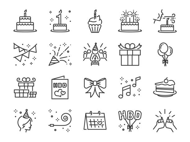 illustrazioni stock, clip art, cartoni animati e icone di tendenza di set di icone della linea festa di buon compleanno. incluse le icone come celebrazione, anniversario, festa, congratulazioni, torta, regalo, decorazione e altro ancora. - festeggiamenti