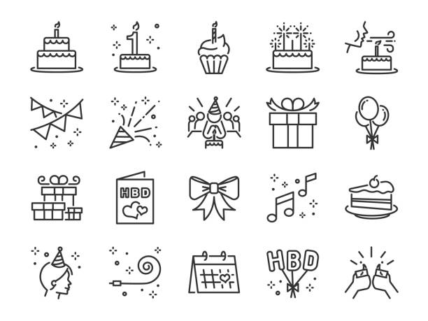 幸せな誕生日パーティー ライン アイコンを設定。お祝い、記念日、パーティー、お祝い、ケーキ、ギフト、装飾などとしてアイコンが含まれています。 - クラッカー点のイラスト素材／クリップアート素材／マンガ素材／アイコン素材