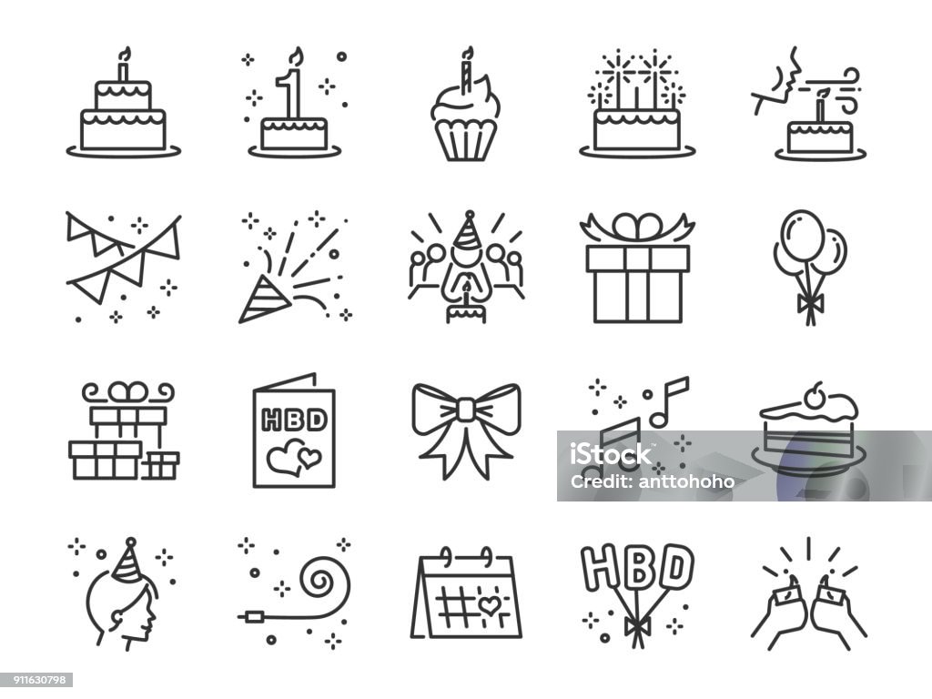 Happy Birthday Party line icon set. Included the icons as celebration, anniversary, party, congratulation, cake, gift, decoration and more. Icon stock vector