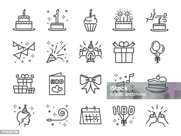 Happy Birthday Party Line Icon Set Included The Icons As Celebration Anniversary Party Congratulation Cake Gift Decoration And More Stock Illustration - Download Image Now