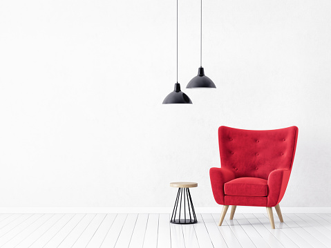 modern living room  with  red armchair and lamp. scandinavian interior design 