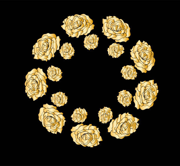 istock Wreath with golden roses flowers hand drawn isolated on black background. Round frame for invitation ,wedding, birthday card, vector illustration. 911638480