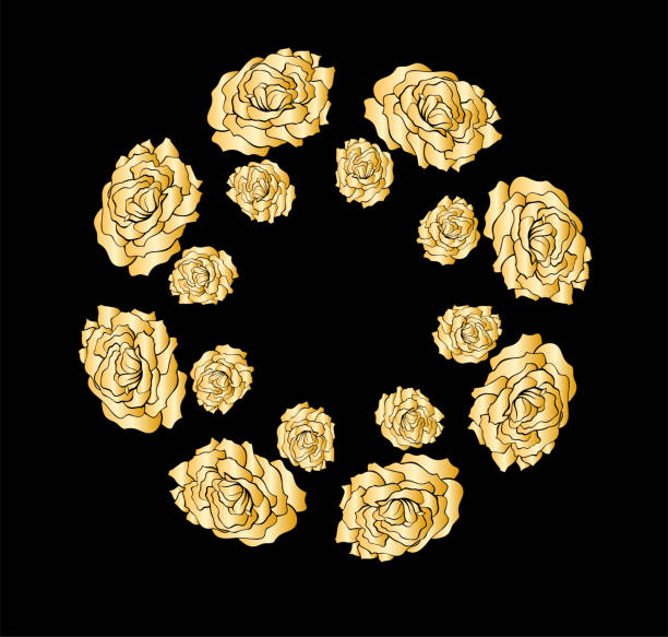 istock Wreath with golden roses flowers hand drawn isolated on black background. Round frame for invitation ,wedding, birthday card, vector illustration. 911638582