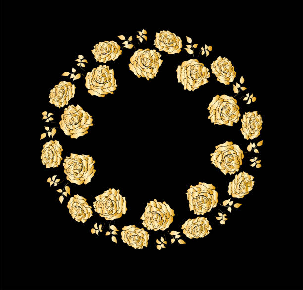 istock Wreath with golden roses flowers hand drawn isolated on black background. Round frame for invitation ,wedding, birthday card, vector illustration. 911640810