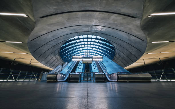 The Canary Wharf tube station , London Subway Station Escalators, Canary Wharf, London, England canary wharf photos stock pictures, royalty-free photos & images