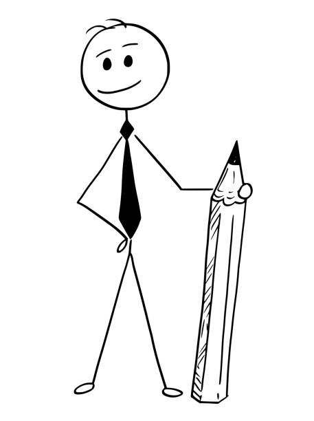 ilustrações de stock, clip art, desenhos animados e ícones de conceptual cartoon of businessman standing with pencil - pen business person men standing