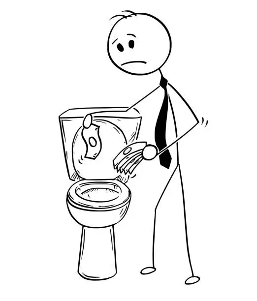 Vector illustration of Cartoon of Businessman Trowing Money in to Toilet, Bad Investment Concept