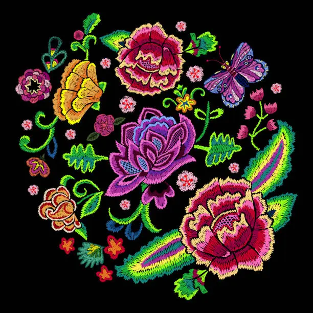 Vector illustration of Embroidery trend round pattern with colorful simplify flowers.