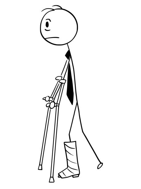 Man with Broken Leg Cartoon stick man drawing illustration of man with broken leg. fractured foot drawing stock illustrations