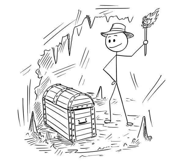 Vector illustration of Cartoon of Adventurer Man Who Found a Treasure in Cave