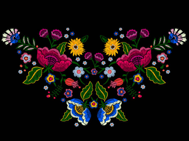 illustrations, cliparts, dessins animés et icônes de motif de broderie encolure native avec des fleurs de la simplifier. - culture mexicaine