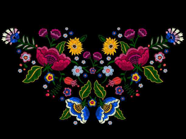 Embroidery native neckline pattern with simplify flowers. Embroidery native neckline pattern with simplify flowers. Vector embroidered traditional floral design for fashion wearing. mexican culture stock illustrations