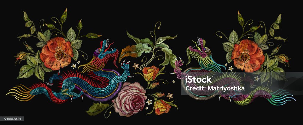 Embroidery two chinese dragons, roses and peonies flowers. Classical embroidery asian dragons and beautiful red roses vector. Art dragons t-shirt design. Clothes, textile design template Chinese Dragon stock vector