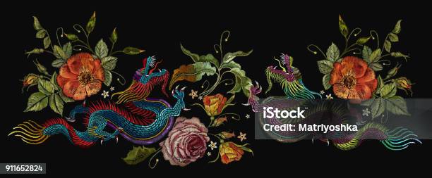 Embroidery Two Chinese Dragons Roses And Peonies Flowers Classical Embroidery Asian Dragons And Beautiful Red Roses Vector Art Dragons Tshirt Design Clothes Textile Design Template Stock Illustration - Download Image Now