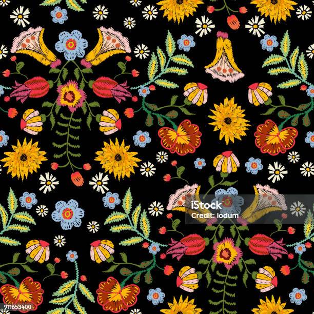 Embroidery Ethnic Seamless Pattern With Colorful Flowers Stock Illustration - Download Image Now