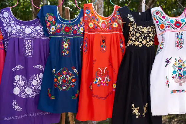Chichen itza embroided dresses in outdoor shop Mexico Yucatan