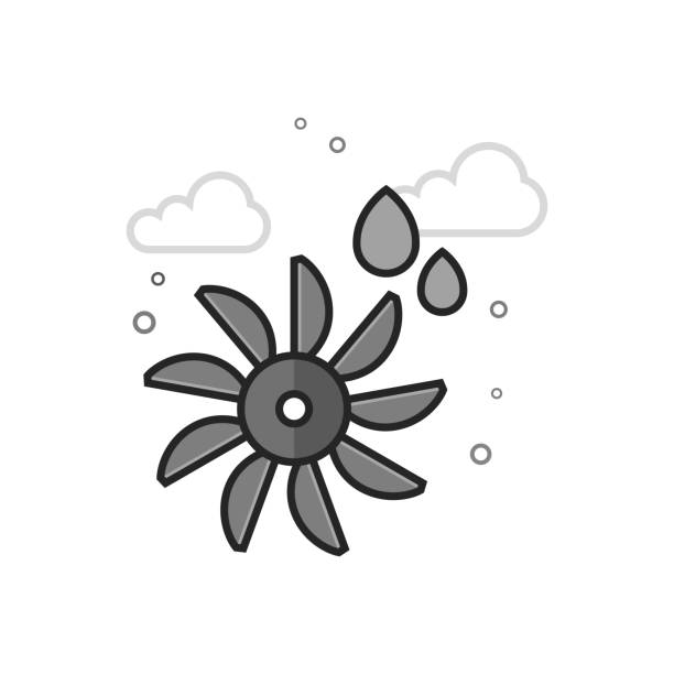 Flat Grayscale Icon - Water turbine Water turbine icon in flat outlined grayscale style. Vector illustration. water wheel stock illustrations