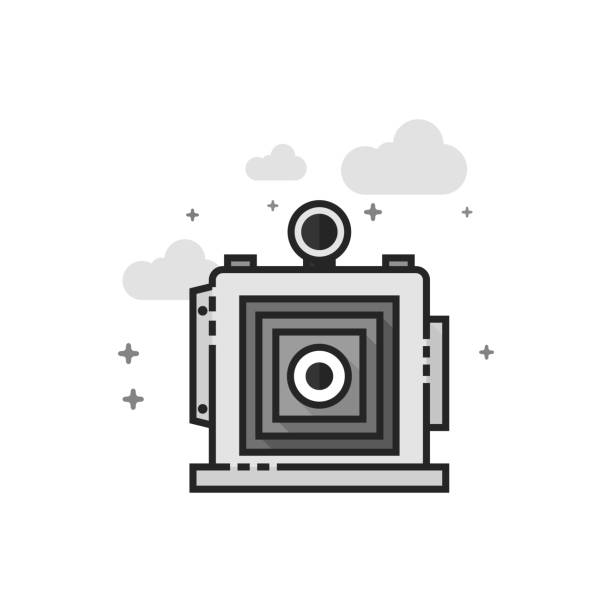 Flat Grayscale Icon - Large format camera Large format camera icon in flat outlined grayscale style. Vector illustration. 4 x 10 kilometer stock illustrations
