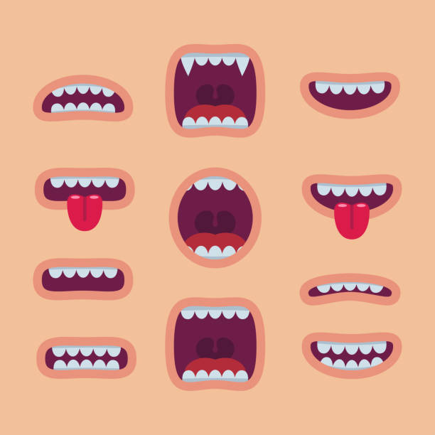 cartoon-mund-satz. lächeln - tooth character stock-grafiken, -clipart, -cartoons und -symbole