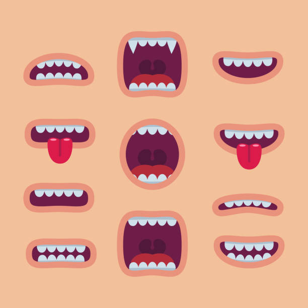 ilustraciones, imágenes clip art, dibujos animados e iconos de stock de conjunto de boca de dibujos animados. de la sonrisa - human mouth mouth open shouting screaming