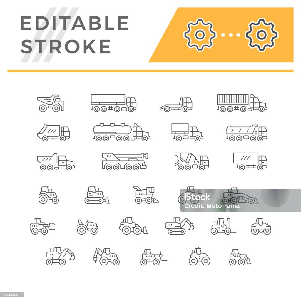 Set line icons of trucks and tractors Set line icons of trucks and tractors isolated on white. Editable stroke. Vector illustration Icon Symbol stock vector