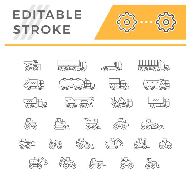 Set line icons of trucks and tractors Set line icons of trucks and tractors isolated on white. Editable stroke. Vector illustration tractor dump trailer stock illustrations