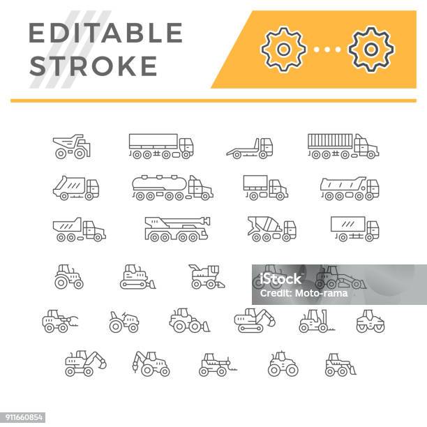 Set Line Icons Of Trucks And Tractors Stock Illustration - Download Image Now - Icon Symbol, Semi-Truck, Bulldozer