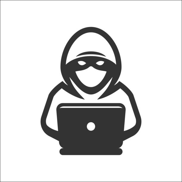 illustrations, cliparts, dessins animés et icônes de pirate informatique avec l’icône d’ordinateur portable - corruption en entreprise
