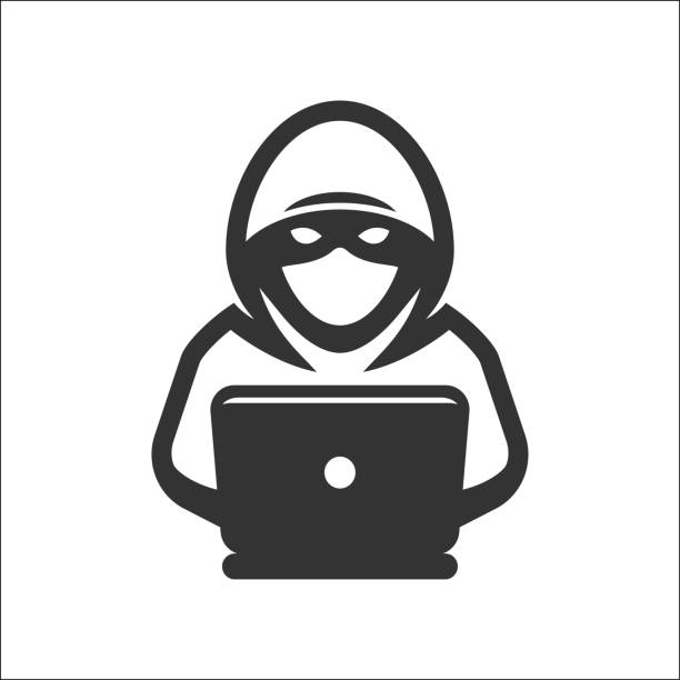 illustrations, cliparts, dessins animés et icônes de pirate informatique avec l’icône d’ordinateur portable - burglar thief internet security