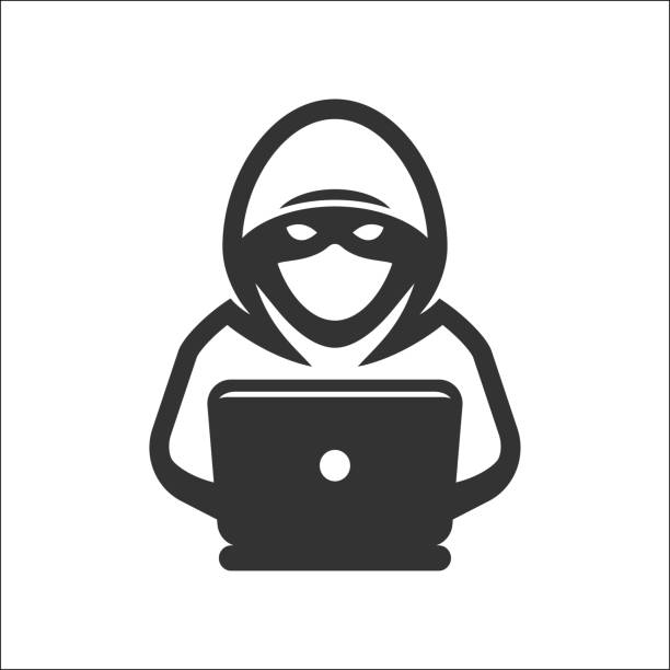 Computer hacker with laptop icon Computer hacker with laptop icon burglar stock illustrations
