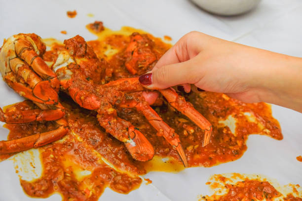 mid adult women eating singaporean chili crab - asian cuisine close up garlic vegetable imagens e fotografias de stock