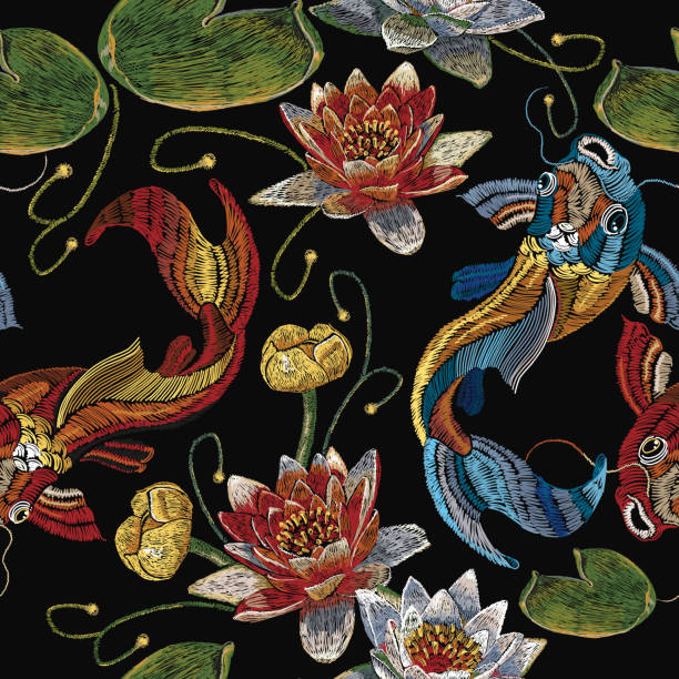 Embroidery koi fish and water lily seamless pattern, japanese pattern. Classical embroidery koi carp, pink and white lotuses and water lilies, template clothes, t-shirt design vector art illustration