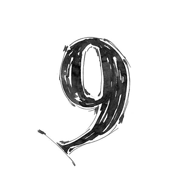 Handmade Drawing Of The Number Nine In Black And White Stock
