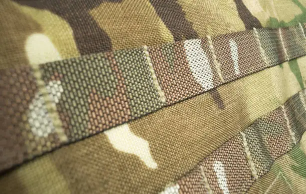 Photo of Military camouflage webbing material on a British army MTP rucksack / backpack