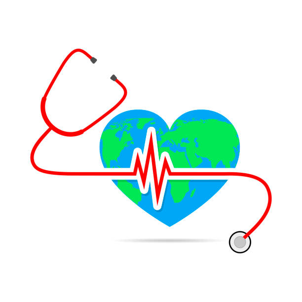 Globe Earth with stethoscope and Heartbeat sign. Vector Illustration World health day. Vector Illustration. Globe in the form of the heart with stethoscope and Heartbeat sign on white background. 2632 stock illustrations