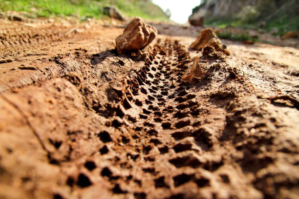 marcas de pneu de bicicleta na realeza trilha enlameada. marcas de pneu na estrada enlameada molhada, abstrato, material de textura. pneu faixa na sujeira de areia ou lama, tom retrô, tom grunge, dirigir na areia, fora da pista de estrada. - mud car wet horizontal - fotografias e filmes do acervo