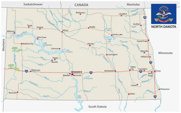 ilustrações de stock, clip art, desenhos animados e ícones de north dakota road vector map with flag - north dakota