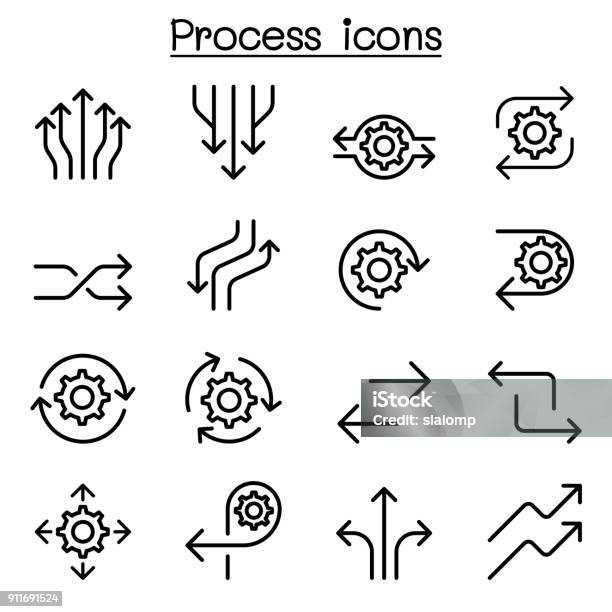 Process Icon Set In Thin Line Style Stock Illustration - Download Image Now - Arrow Symbol, Merging, Flowing