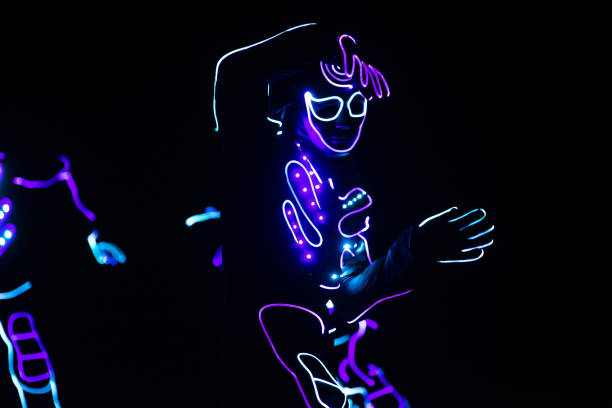 istock dancers in led suits on dark background, colored show 911691612