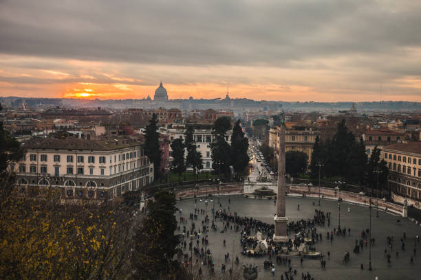 Rome sunset in winter season from Pincio terrrace.
