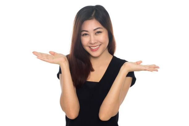 istock Asian businesswoman present open palm isolated 911694002